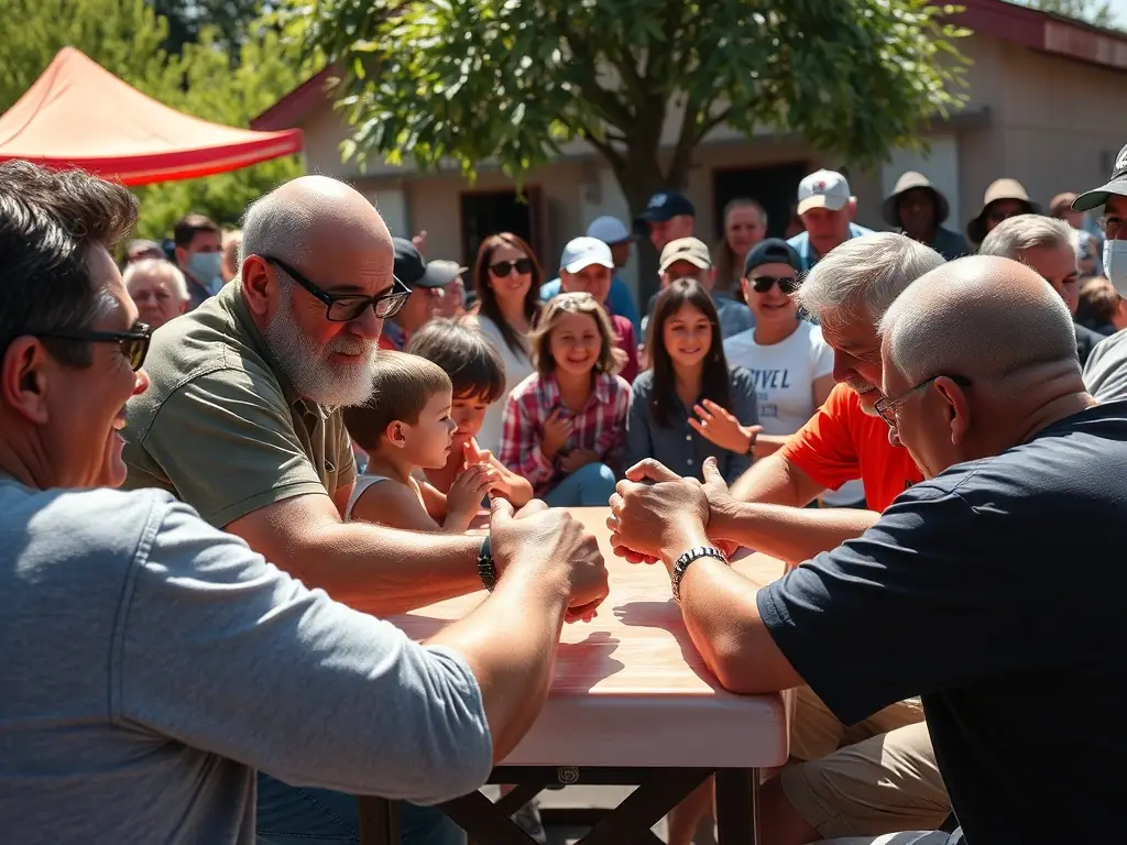 A vibrant scene of community members participating in a local arm wrestling event, with families cheering and participants of all ages engaging in friendly competition.