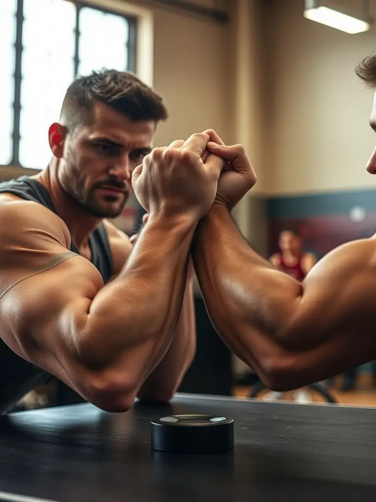 A focused shot of an arm wrestling match in progress, highlighting the intensity and technique involved, set in a local gym.