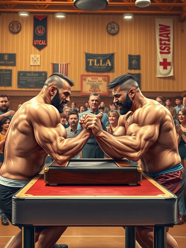 An image of a local arm wrestling competition, capturing the excitement and competitive atmosphere of the event.