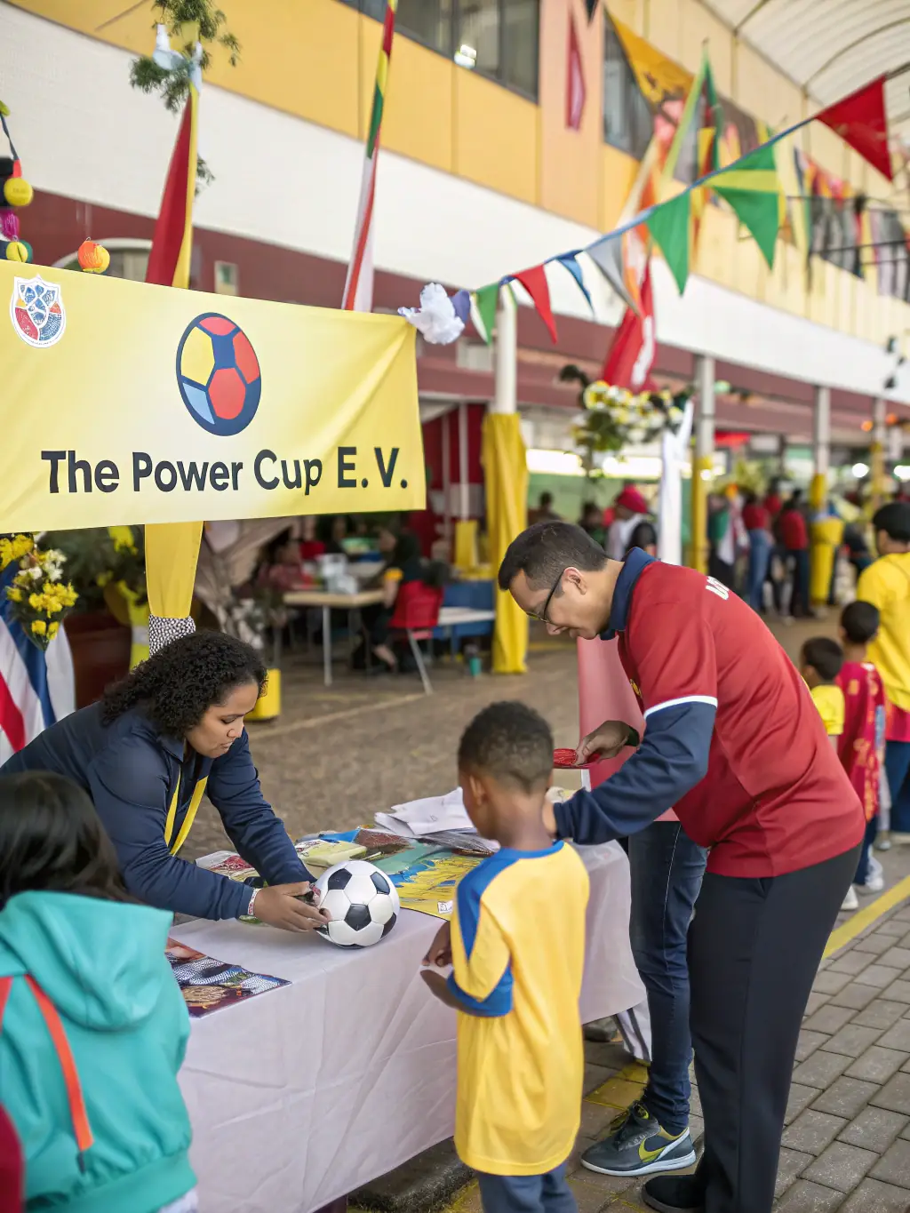 A candid photo of members of OVER THE TOP CORREZE BRAS DE FER volunteering at a community event, promoting sportsmanship and healthy lifestyles among local youth.