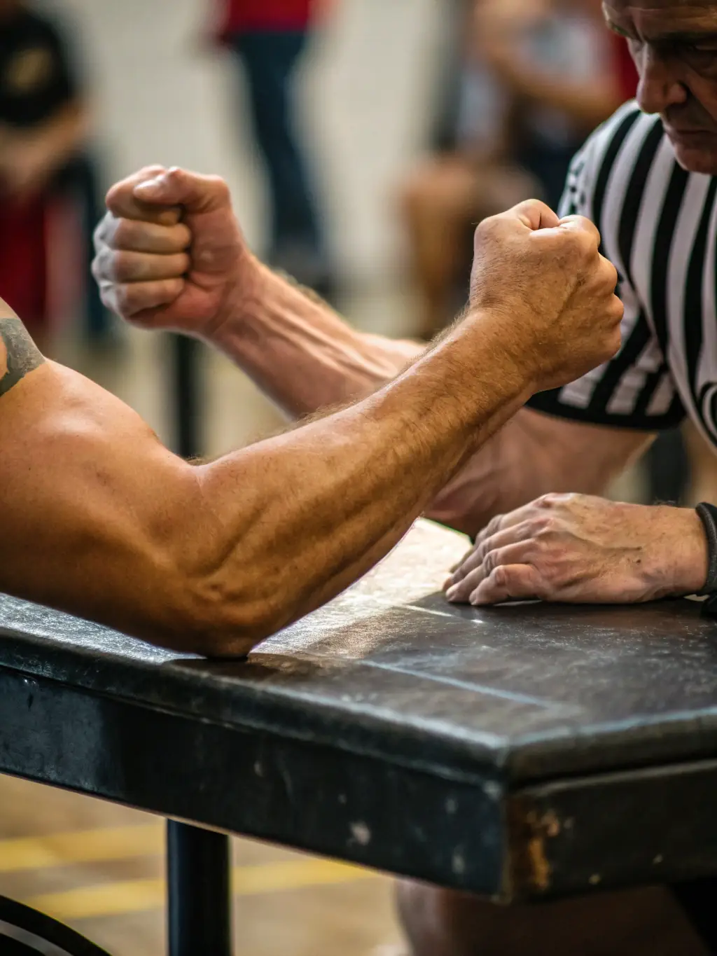 A dynamic shot of arm wrestlers intensely engaged in a match during a local tournament organized by OVER THE TOP CORREZE BRAS DE FER, showcasing the competitive spirit and physical prowess involved.