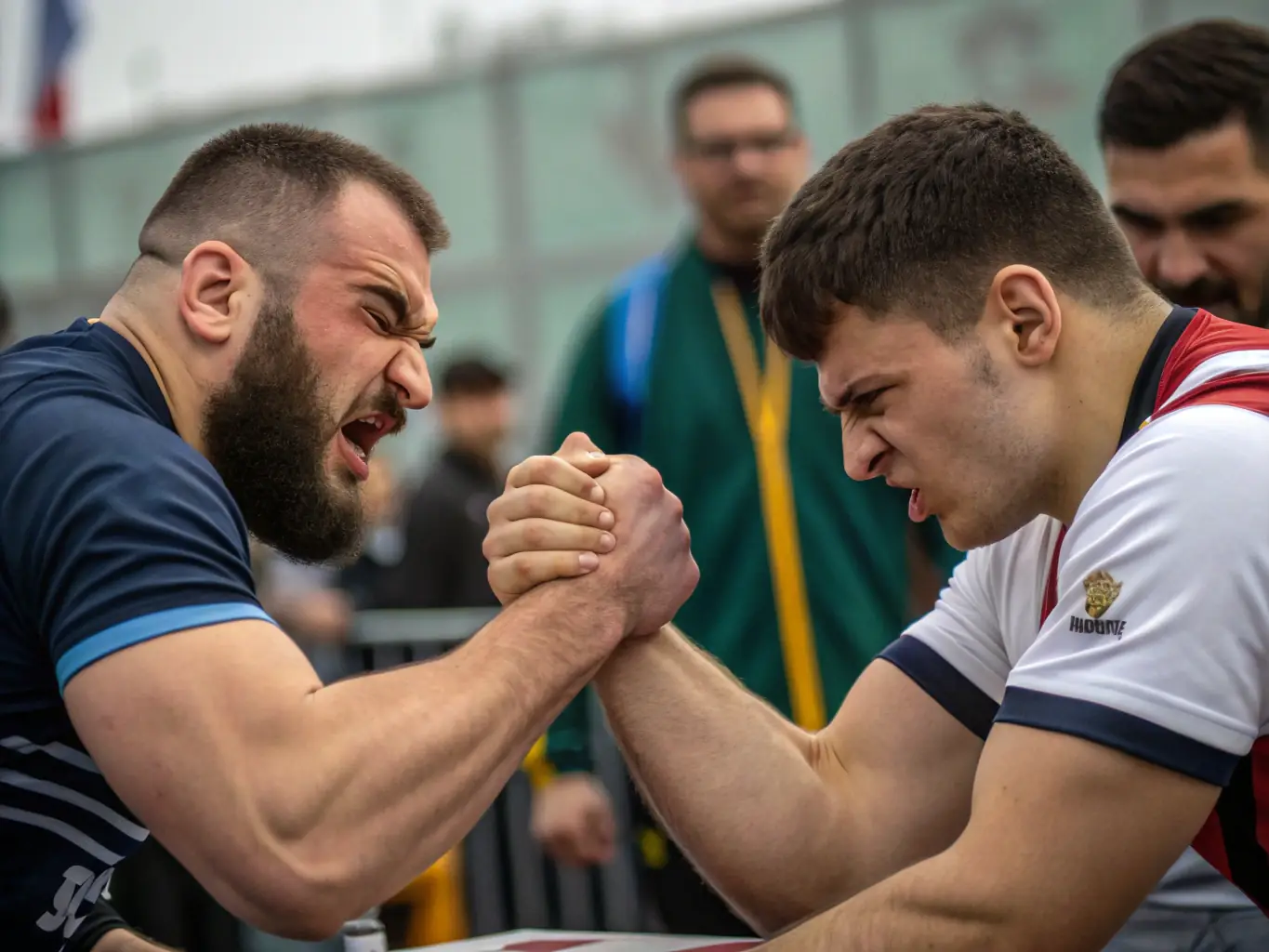A dynamic shot of arm wrestlers intensely engaged in a match, showcasing the strength and focus required for the sport, set in a local competition venue.